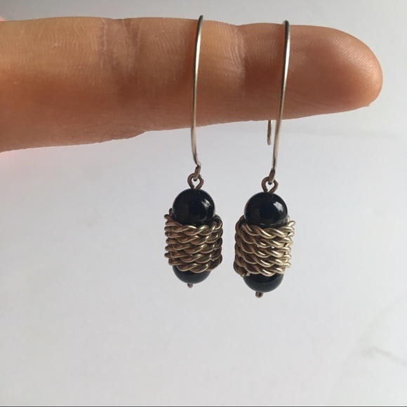 FINAL Vintage Silver Onyx Wire Drop Earrings - Picture 1 of 3